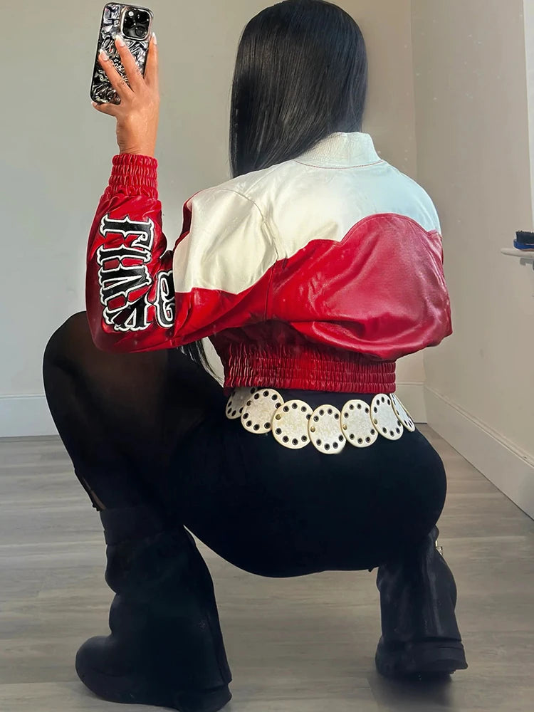 Uniform Letter Print Crop PU Patchwork Full Sleeve Skinny Cool Coat
