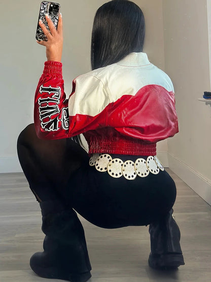 Uniform Letter Print Crop PU Patchwork Full Sleeve Skinny Cool Coat
