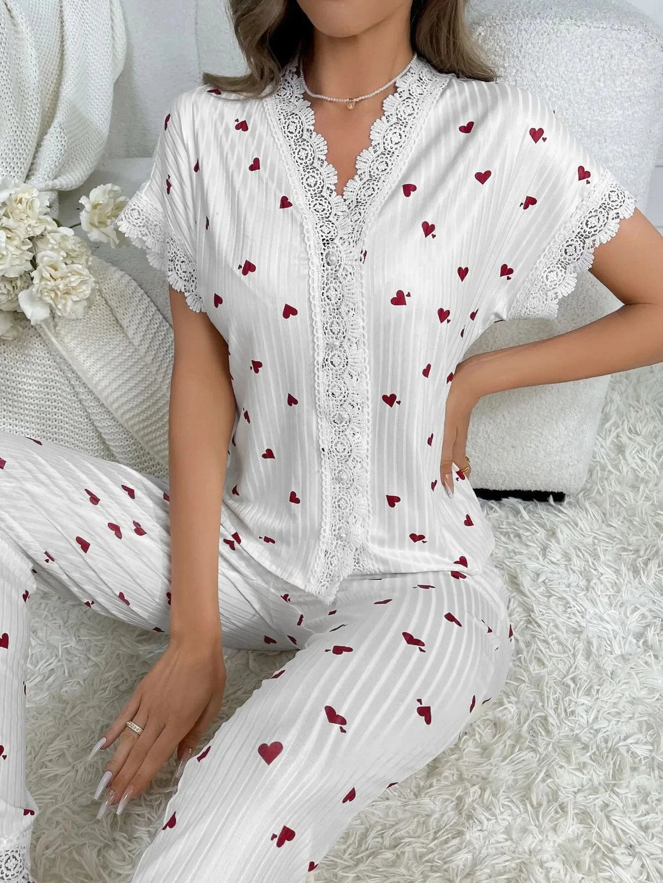 Lace Short Sleeve Cherry Sleepwear Pajama Set
