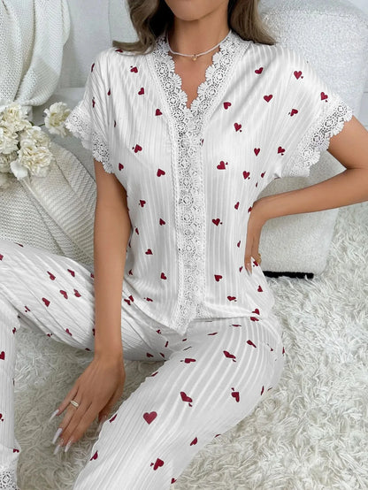 Lace Short Sleeve Cherry Sleepwear Pajama Set