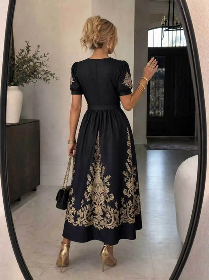 Vintage Gold Floral Print Maxi Short Puff Sleeve Long Dress