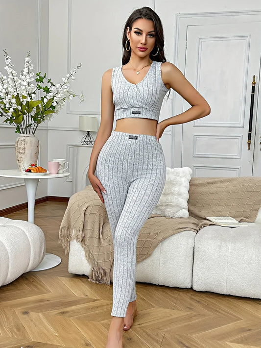 Short Slim-Fit Sporty Short Vest and Long Pants Set