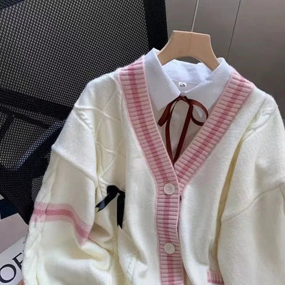 Sweet Bow Cardigans Y2K Aesthetic Contrast Color V-Neck Knitted Cardigan Sweaters Coat