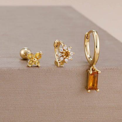 14K Gold Plated Zircon Square Hoop Stainless Steel Butterfly Stud Earring Set