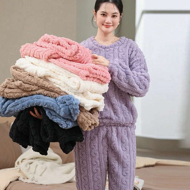 Coral Velvet Jacquard Warm Loungewear Soft Comfortable Thickened Sleepwear Set