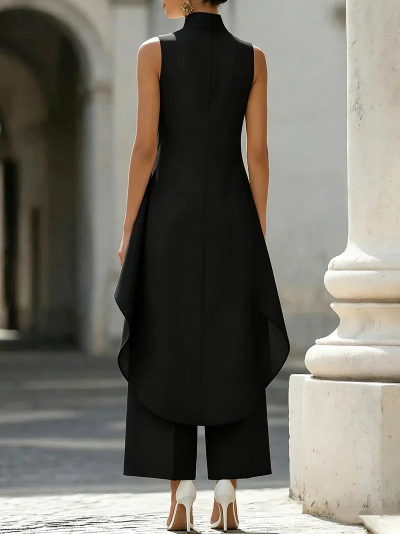 Sleeveless High Neck Jumpsuit With Asymmetric Draped Overlay Wide Leg