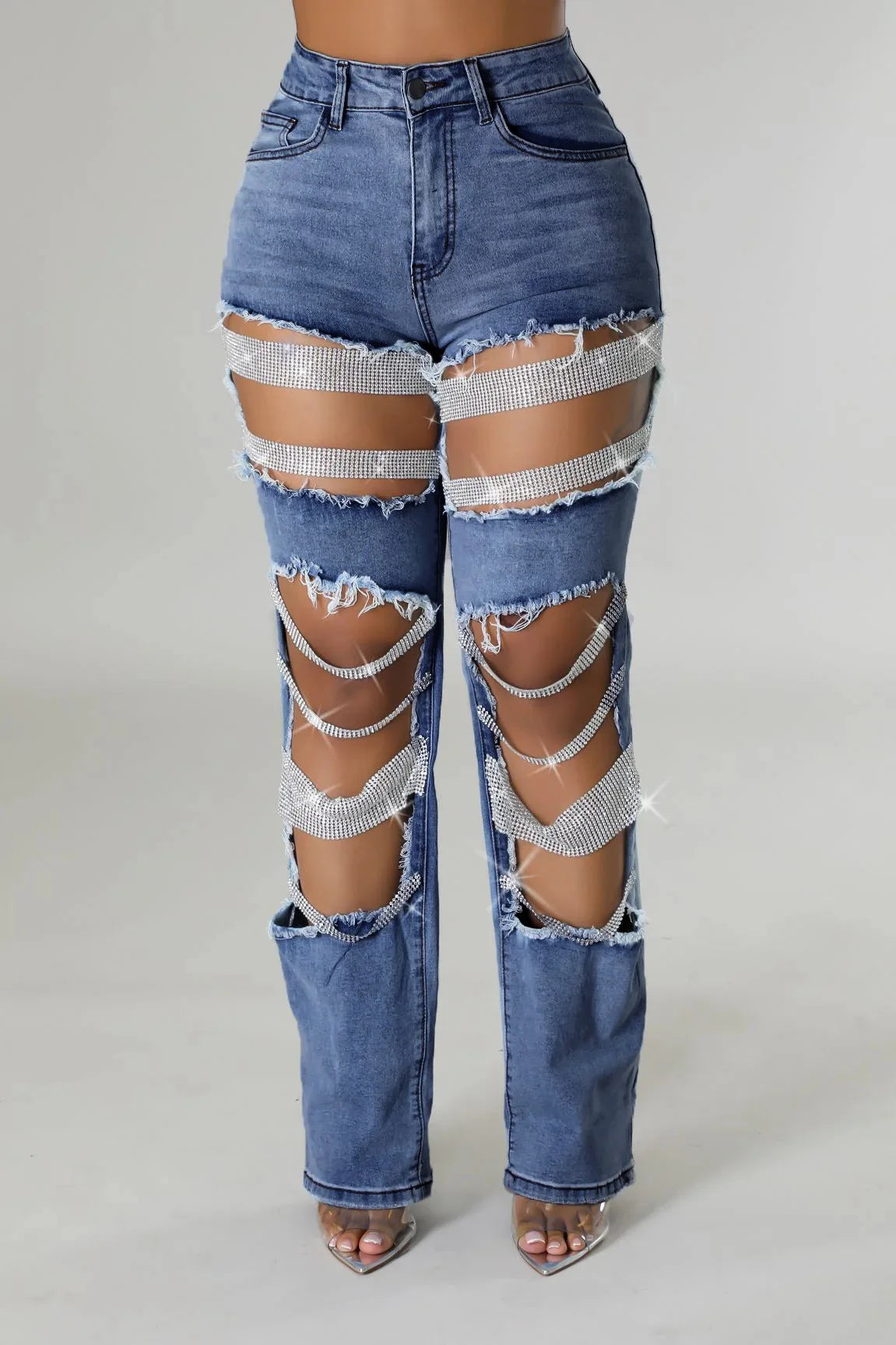 Ripped Straight Diamonds Chain Stretch High Waist Jeans Pants
