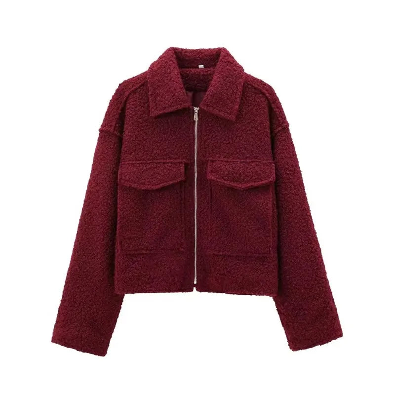 Grey Front Zipper Vintage Lapel Neck Long Sleeves Chic Jacket