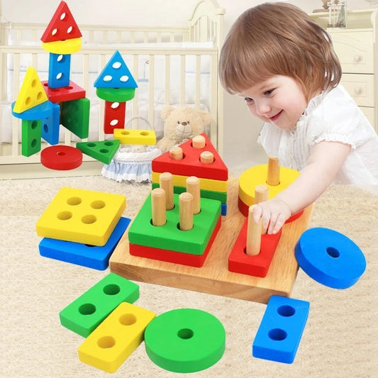 Montessori Toys Wooden Block Puzzle Geometric Shape Color Sorter Block Toddler Toys