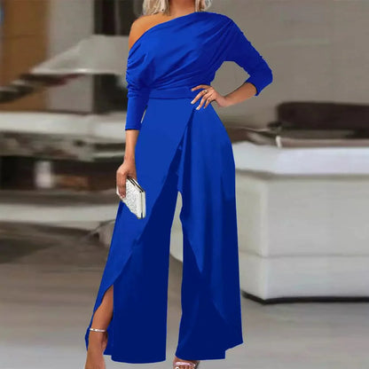 Off Shoulder Long Sleeves High Waist Wide Leg Jumpsuit