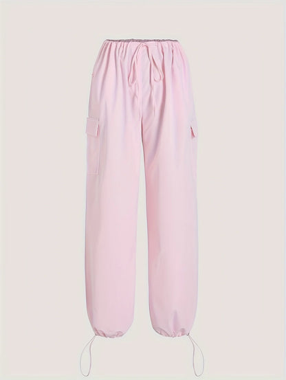 Cargo Wide Leg Elastic Drawstring Waist Pocketed Loose Fit Pants