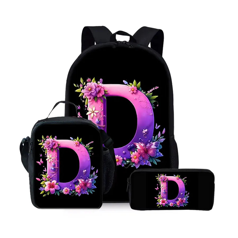 English Alphabet Pattern 2D Flat Cartoon School Backpack Three Piece Set