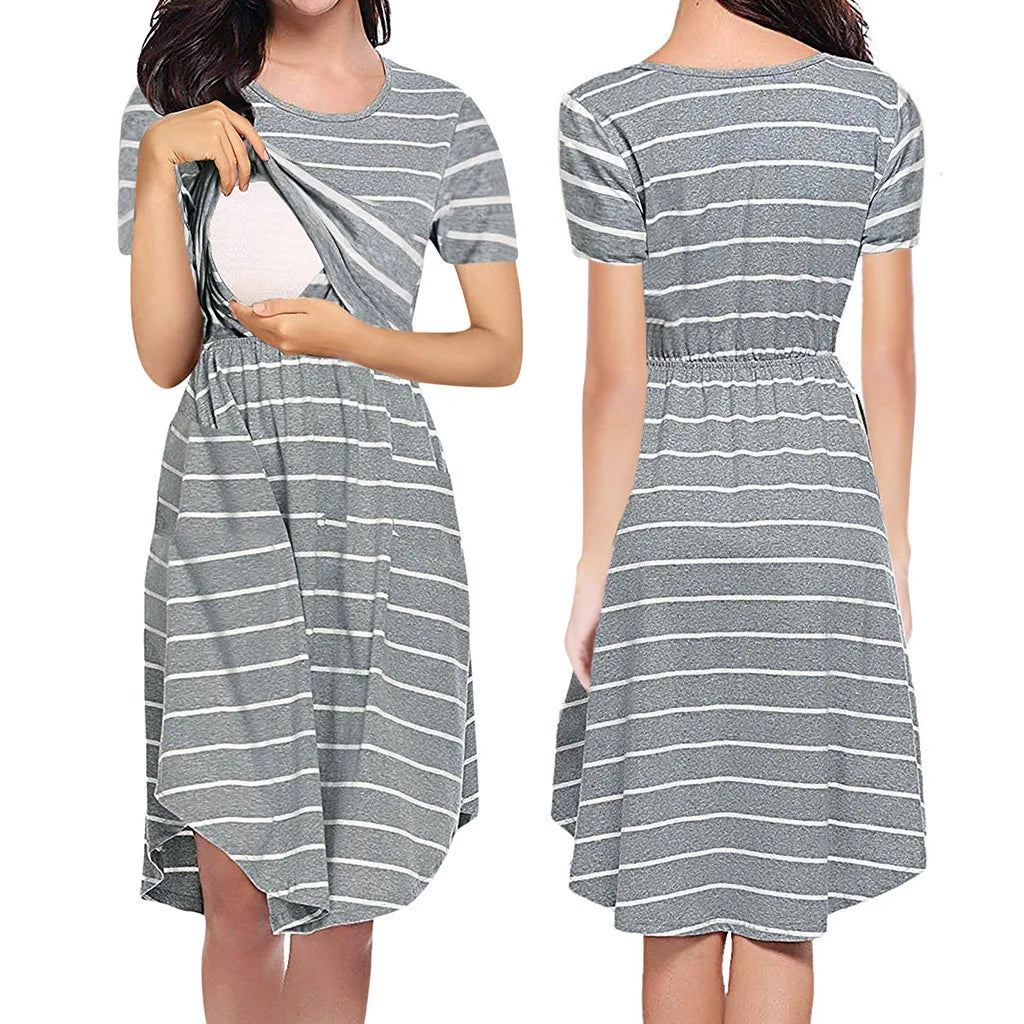 Maternity Care Striped Pregnant Pajamas Breastfeed Dress