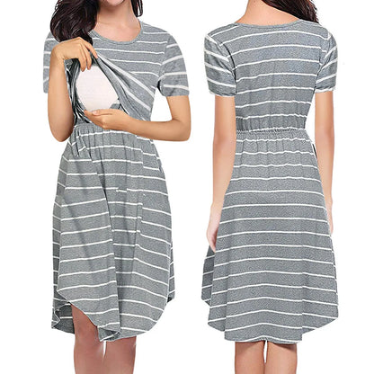 Maternity Care Striped Pregnant Pajamas Breastfeed Dress