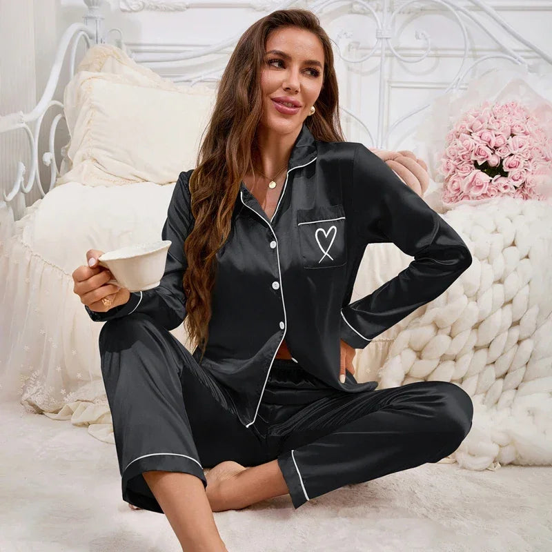 Satin Long Sleeve Pocket Heart-shaped Pyjama Set