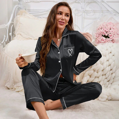 Satin Long Sleeve Pocket Heart-shaped Pyjama Set