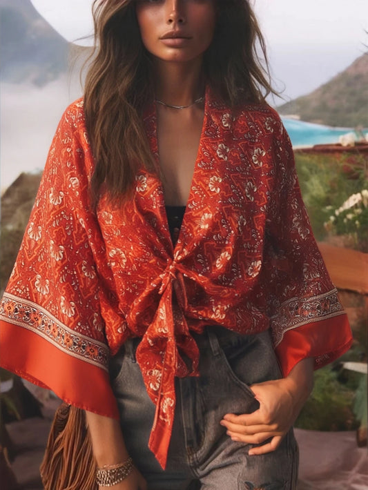 Boho Queens Red Floral Beach Kimono Short Robe Swimsuits