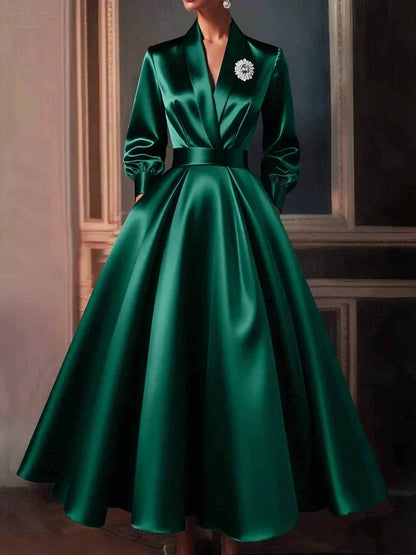 Satin V Neck Long Sleeve Pleated Maxi Dress