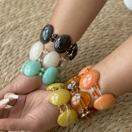 Vintage Colorful Beads Chain Bangle Charm Stretch Boho Geometric Wide Bracelets