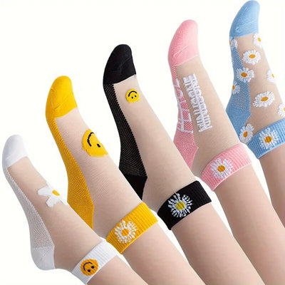 5-Pair Daisy & Smiley Short Socks Set