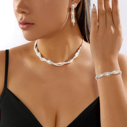 Double Layer Choker Necklace Full Rhinestone Cuff Set