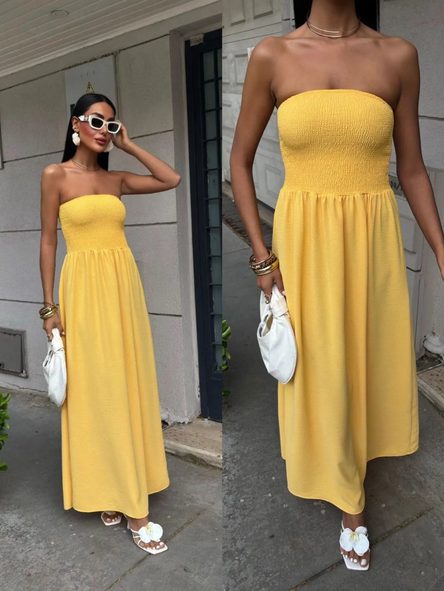 Off-Shoulder Strapless Waist-Cinching Long Dress