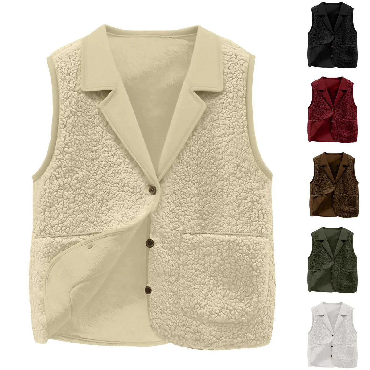 Sherpa Lapel Collar Button-Front Pockets Warm Sleeveless Jacket Coat Vest