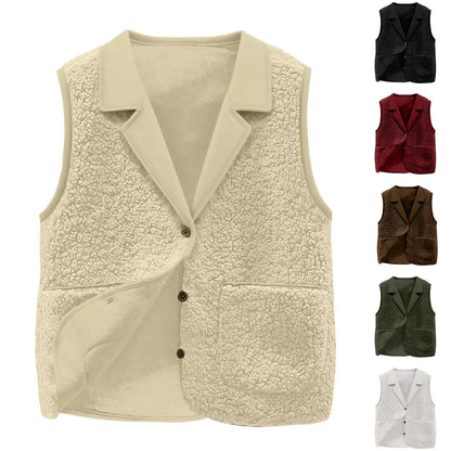 Sherpa Lapel Collar Button-Front Pockets Warm Sleeveless Jacket Coat Vest