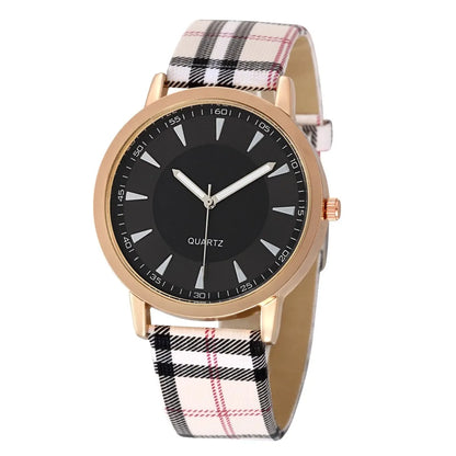 Vintage Plaid Leather Strap Quartz Wristwatches Watch