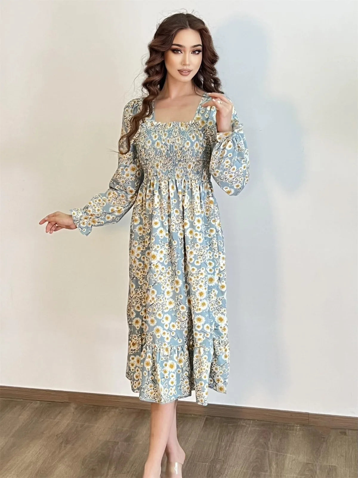 Long Sleeve Casual Chiffon Floral Elastic Chest Lace Up Midi Dress