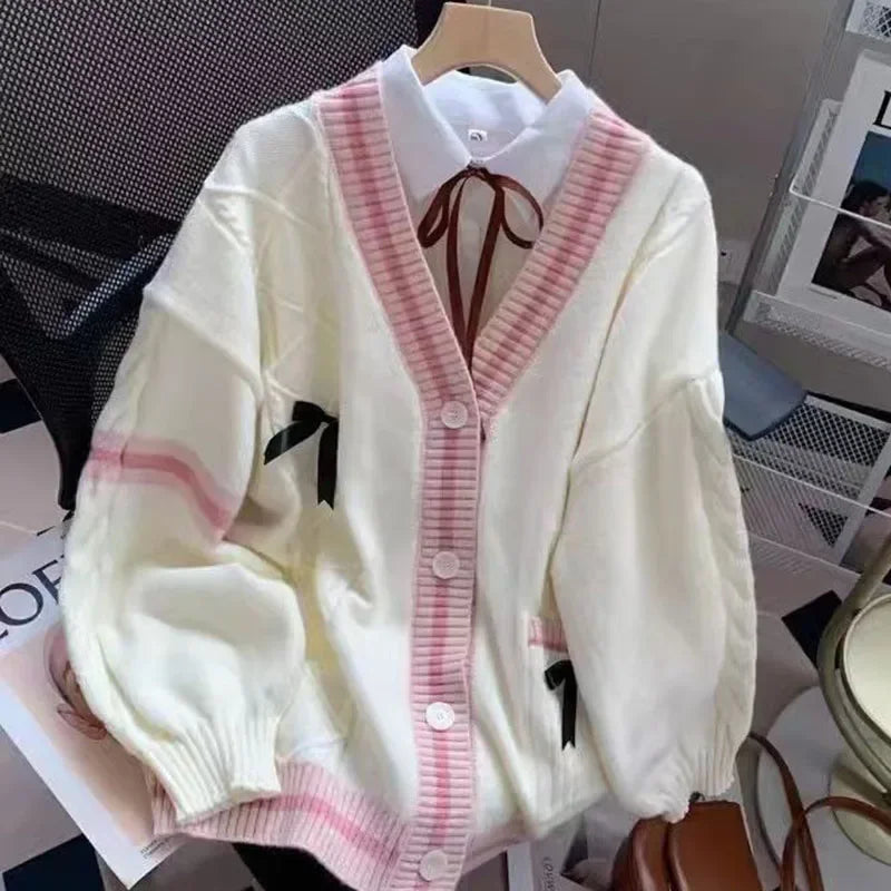 Sweet Bow Cardigans Y2K Aesthetic Contrast Color V-Neck Knitted Cardigan Sweaters Coat
