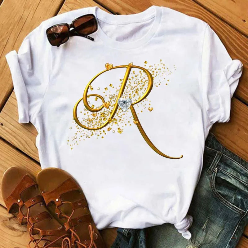 Custom Letter Combination Diamond Gold Letter T-shirt