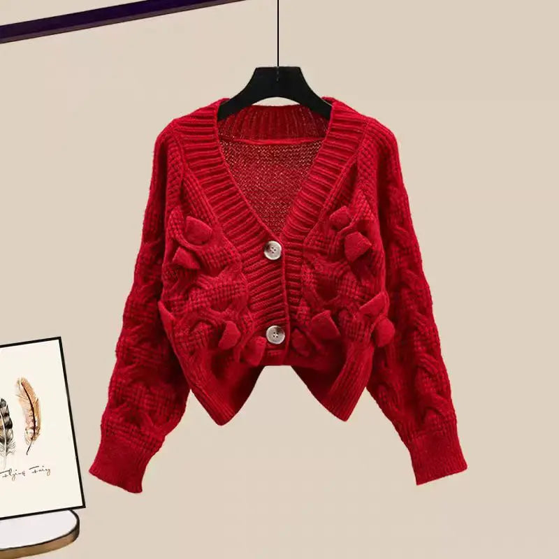 Korean Sweet Bow Outfit Long Sleeve Cardigan Knitwear Wide Leg Pants Set