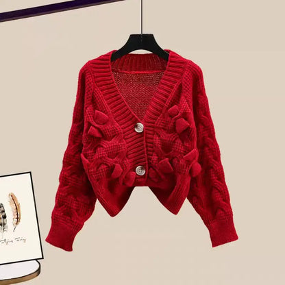 Korean Sweet Bow Outfit Long Sleeve Cardigan Knitwear Wide Leg Pants Set