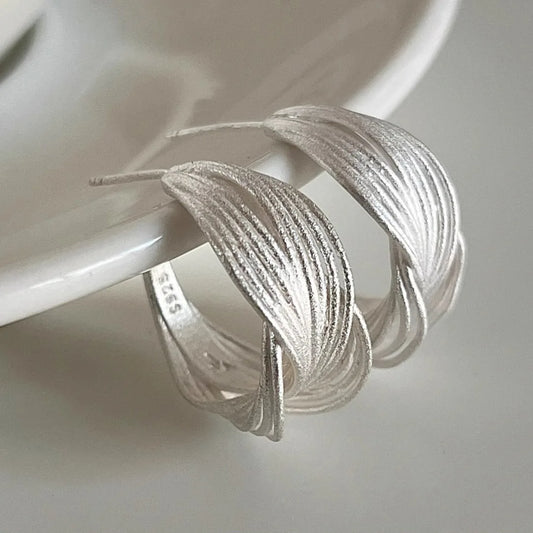 925 Sterling Silver Frosting Hoop Crossing Line Hollow Out Earrings
