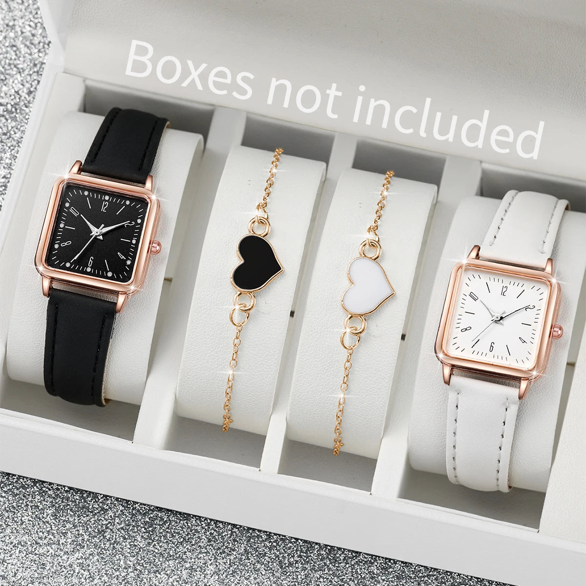 Square Leather Quartz Watches Heart Bracelet Set