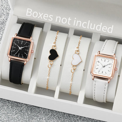 Square Leather Quartz Watches Heart Bracelet Set