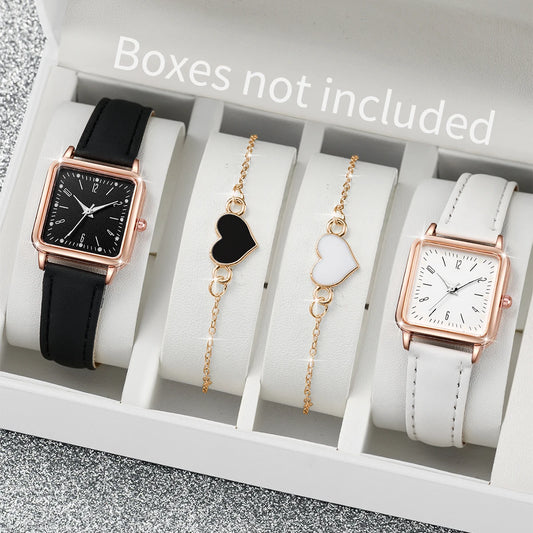 Square Leather Quartz Watches Heart Bracelet Set
