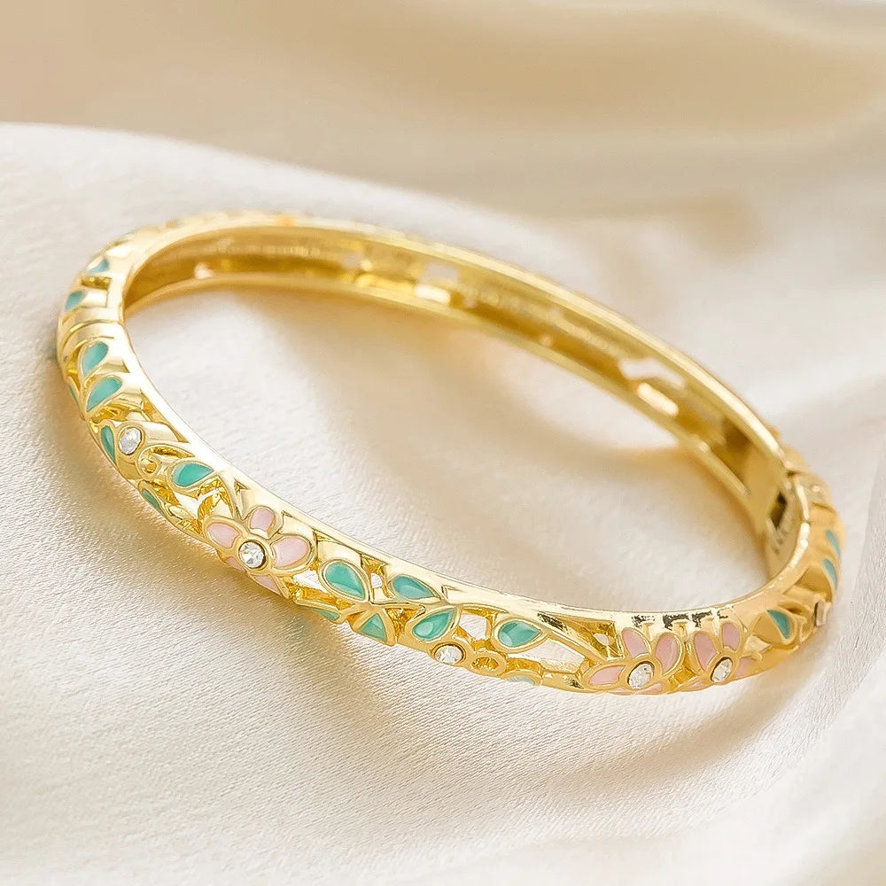 Enamel Dropped Glaze Flower Diamond Metal Bracelet