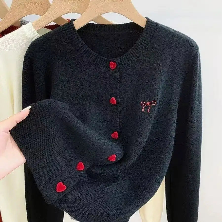 Cardigan Bow O-Neck Heart-shaped Button Sweater