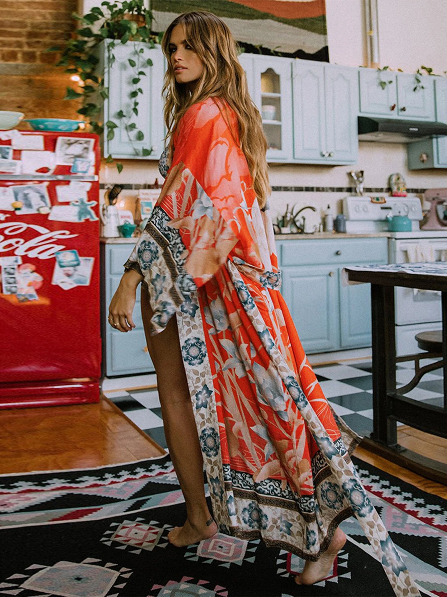 Retro Printed Long Sleeve Self Belted Plus Size Bohemian Blouses