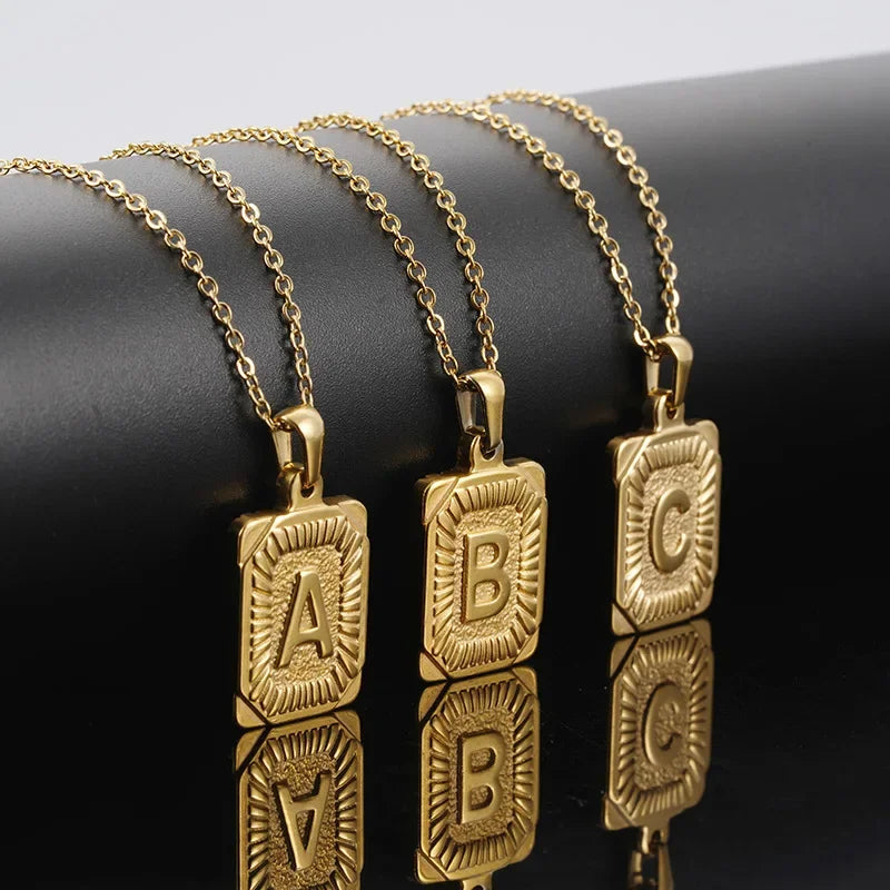 Initial Pendant Stainless Steel Letter Square Necklace