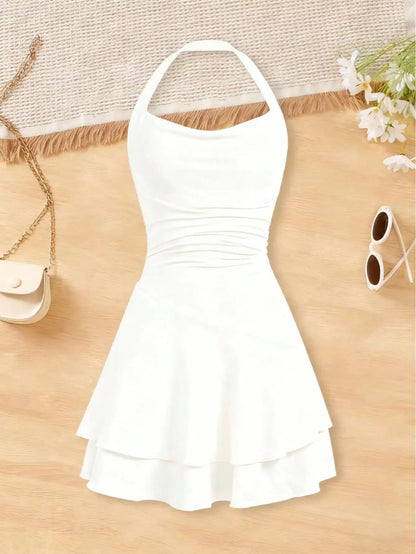 Cinching and slimming effect backless cross tie dress