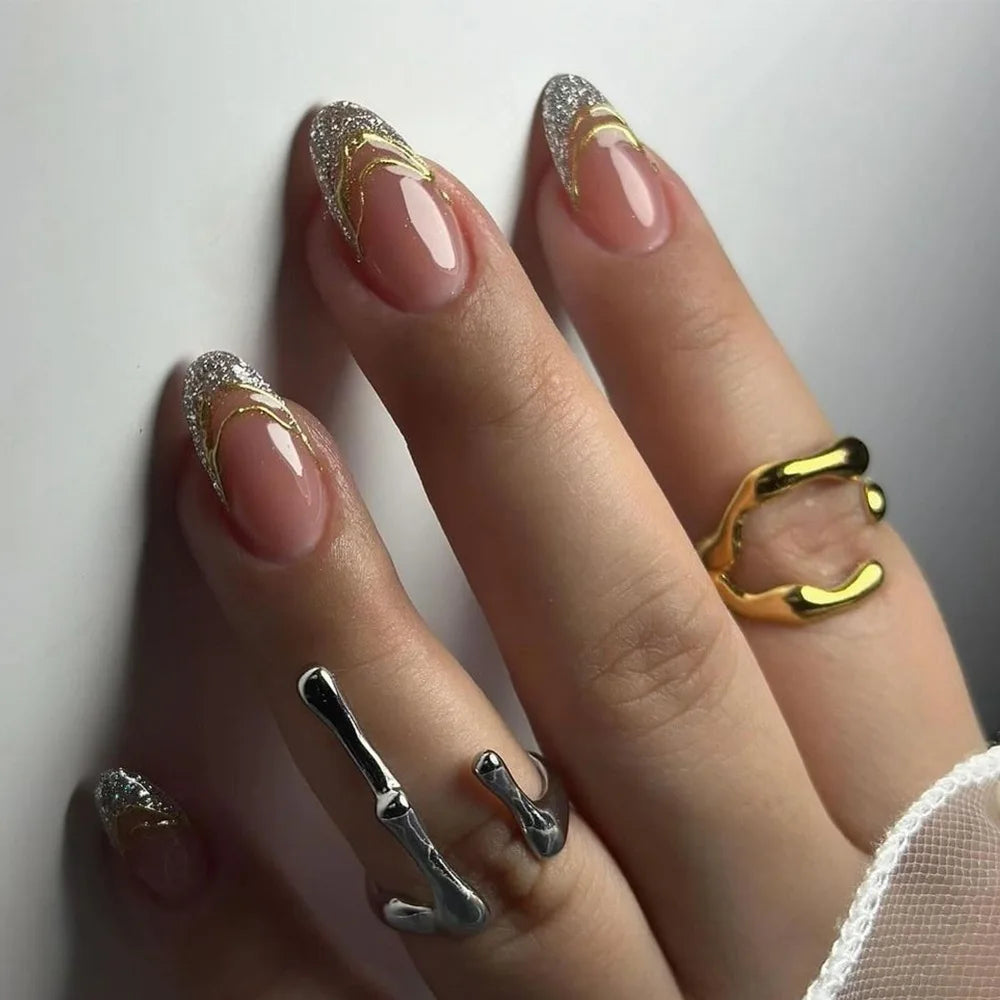 24Pcs Metallic Cat Eye French Sheer Manicure Tip Art Textured 3D Acrylic False Nails