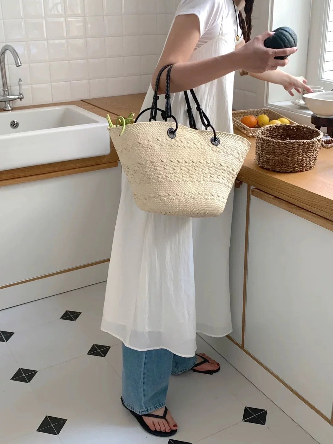 Handmade Raffia Straw Bohemian Woven Crochet Tote Shoulder Bag