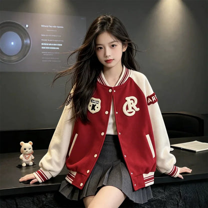 College Style Cardigan Color-Block Spring Autumn Baseball Jacket