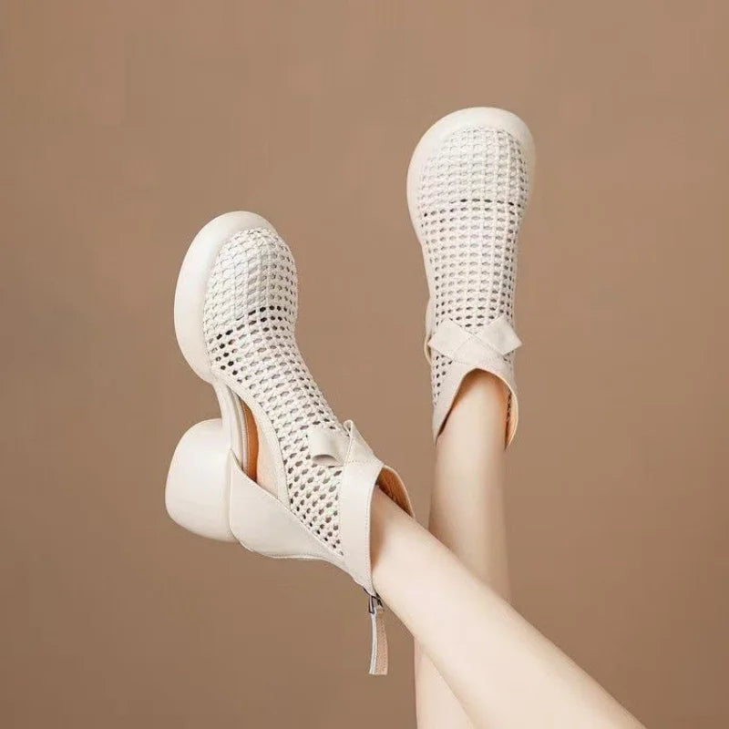 Chunky Heel Soft Leather Roman Sandals Casual Shoes