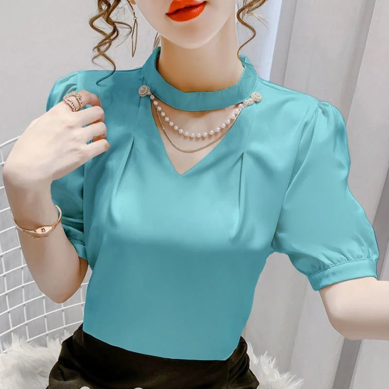 Casual Puff Short Sleeve Pearl Shirt