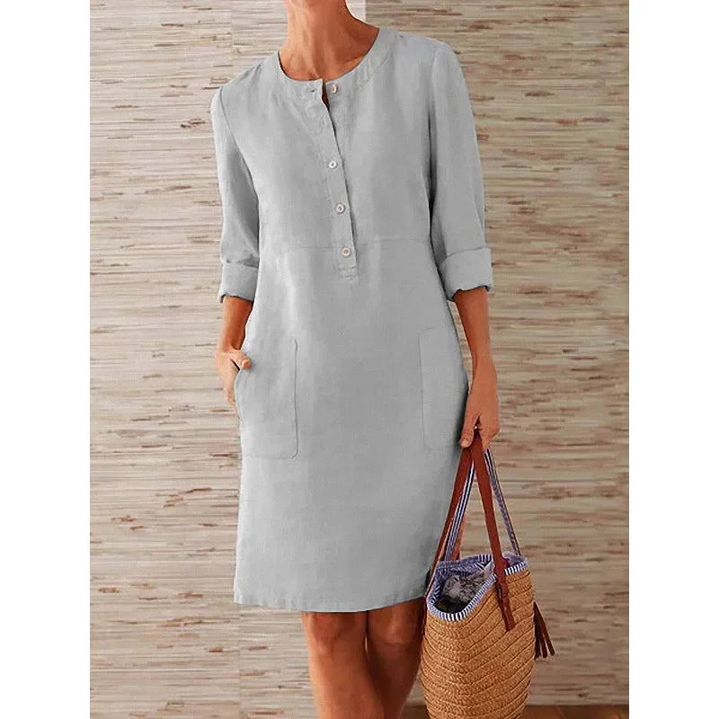 Casual Long Sleeve Cotton And Linen Tunic Dress