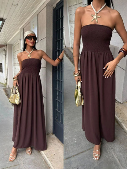 Off-Shoulder Strapless Waist-Cinching Long Dress